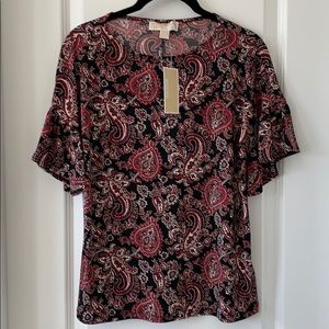 MICHAEL KORS Heart Print Short Sleeves Polyester Blend Blouse Size SP NWT